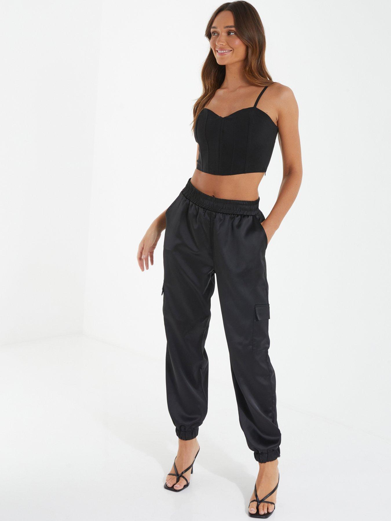 Black Satin Cargo Trousers
