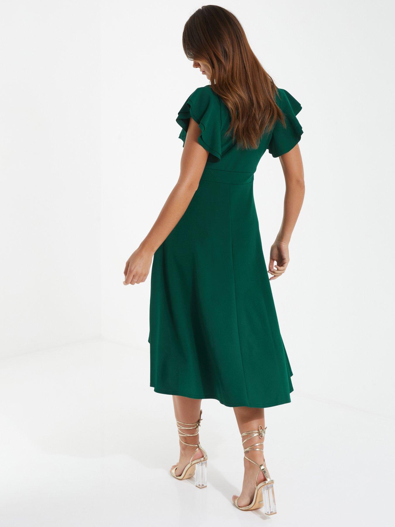slim fit dress slacks Cristala Green Floral Print Dip Hem Ruffle Dress – BowsBoutiques