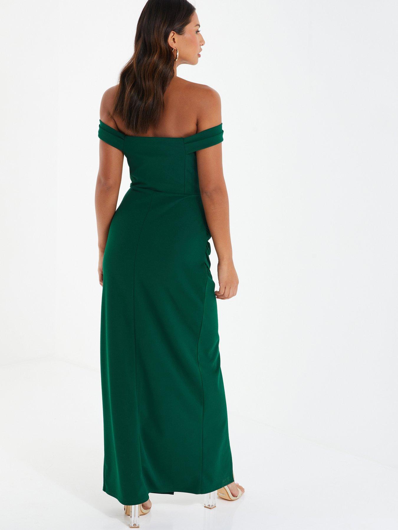 Quiz Green Bardot Embellished Maxi Dress Bardot Dress Quiz Bottle Green  Velvet Dress Velvet Quiz Green