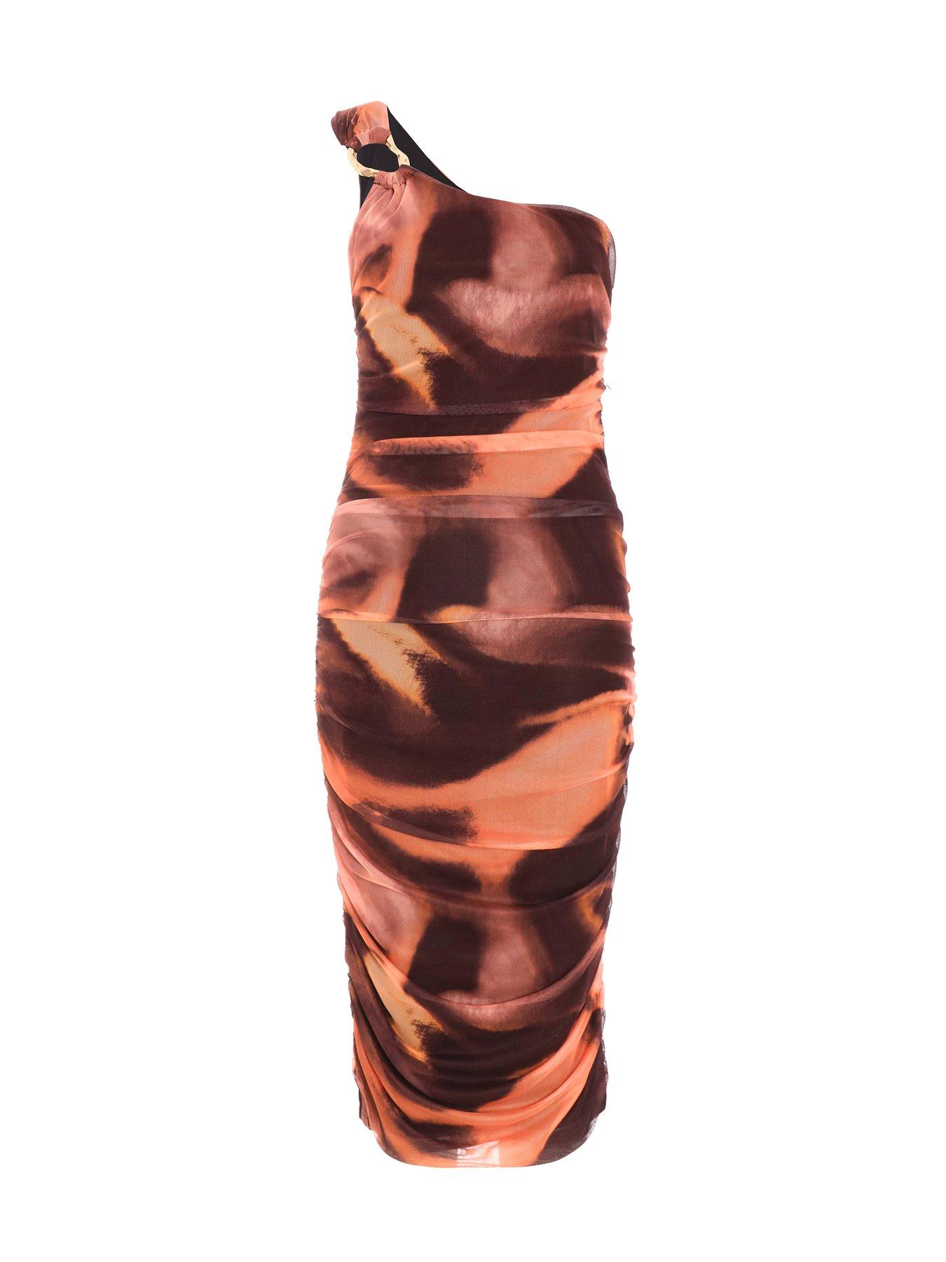 Quiz Rust Marble Print Mesh Bodycon Midi Dress | Very