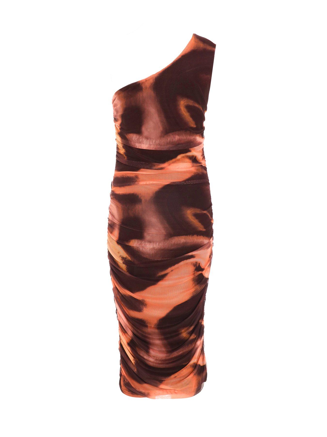 open lace back dress Orange Mesh Marble Print Ruched Bodycon Dress – Missagi main image 0