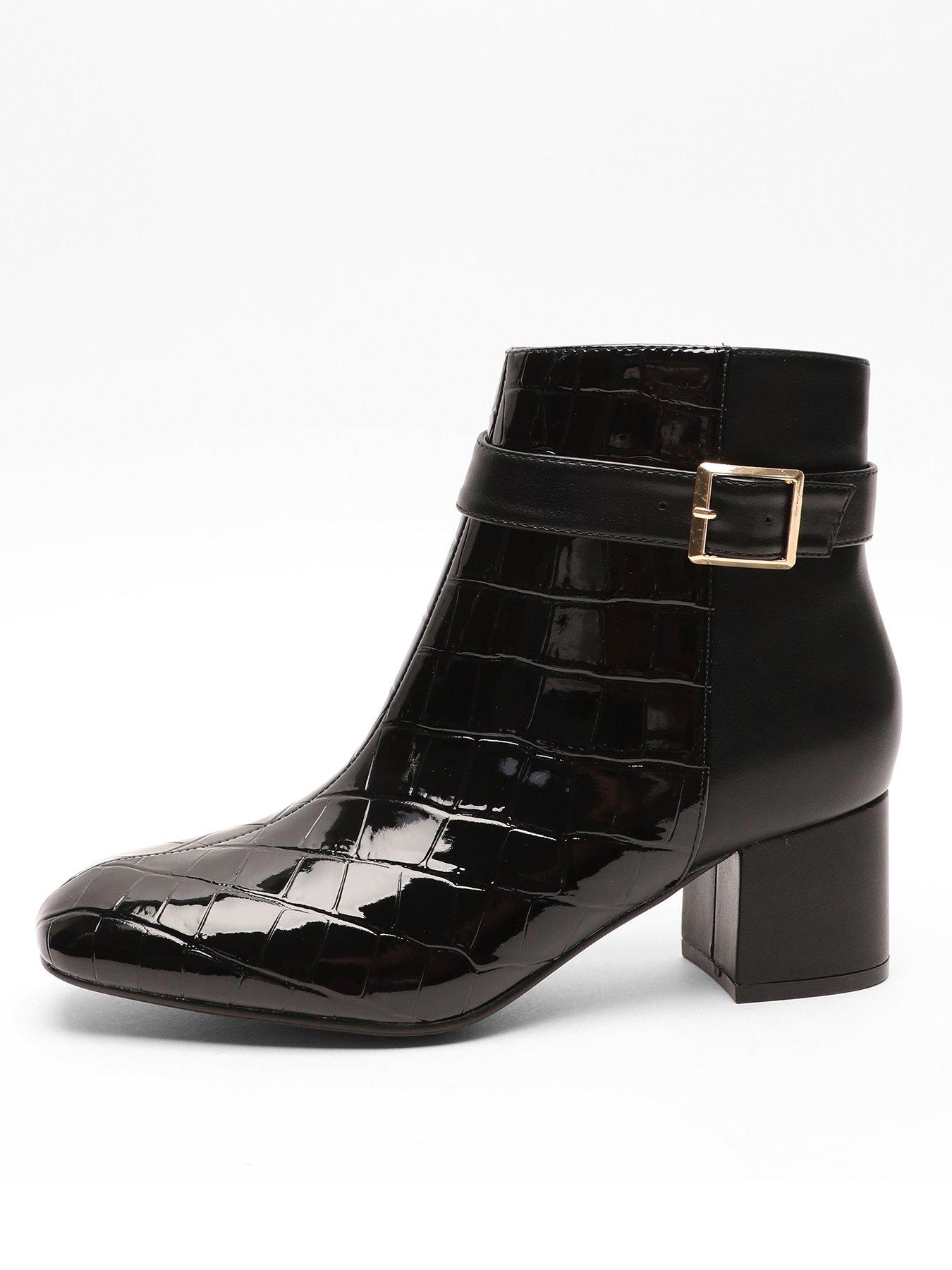 Black Faux Leather Gold Buckle Ankle Strap Boots