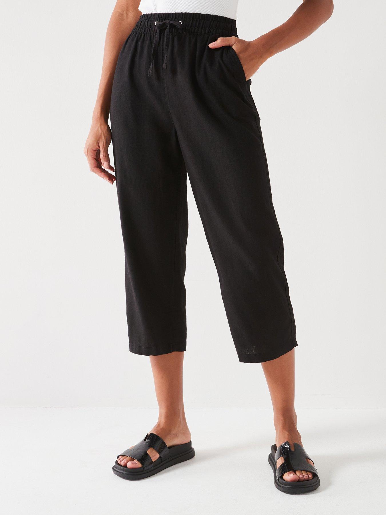 Black linen cropped trousers uk hot sale