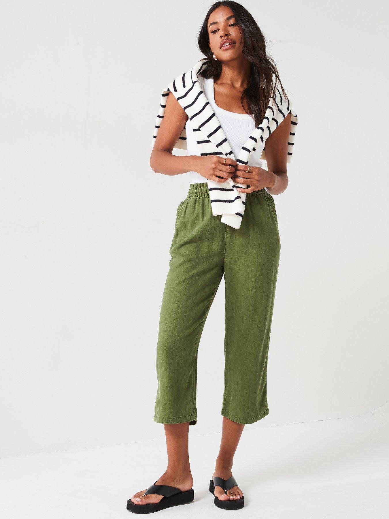 Everyday Crop Linen Blend Trousers - Khaki | Very.co.uk