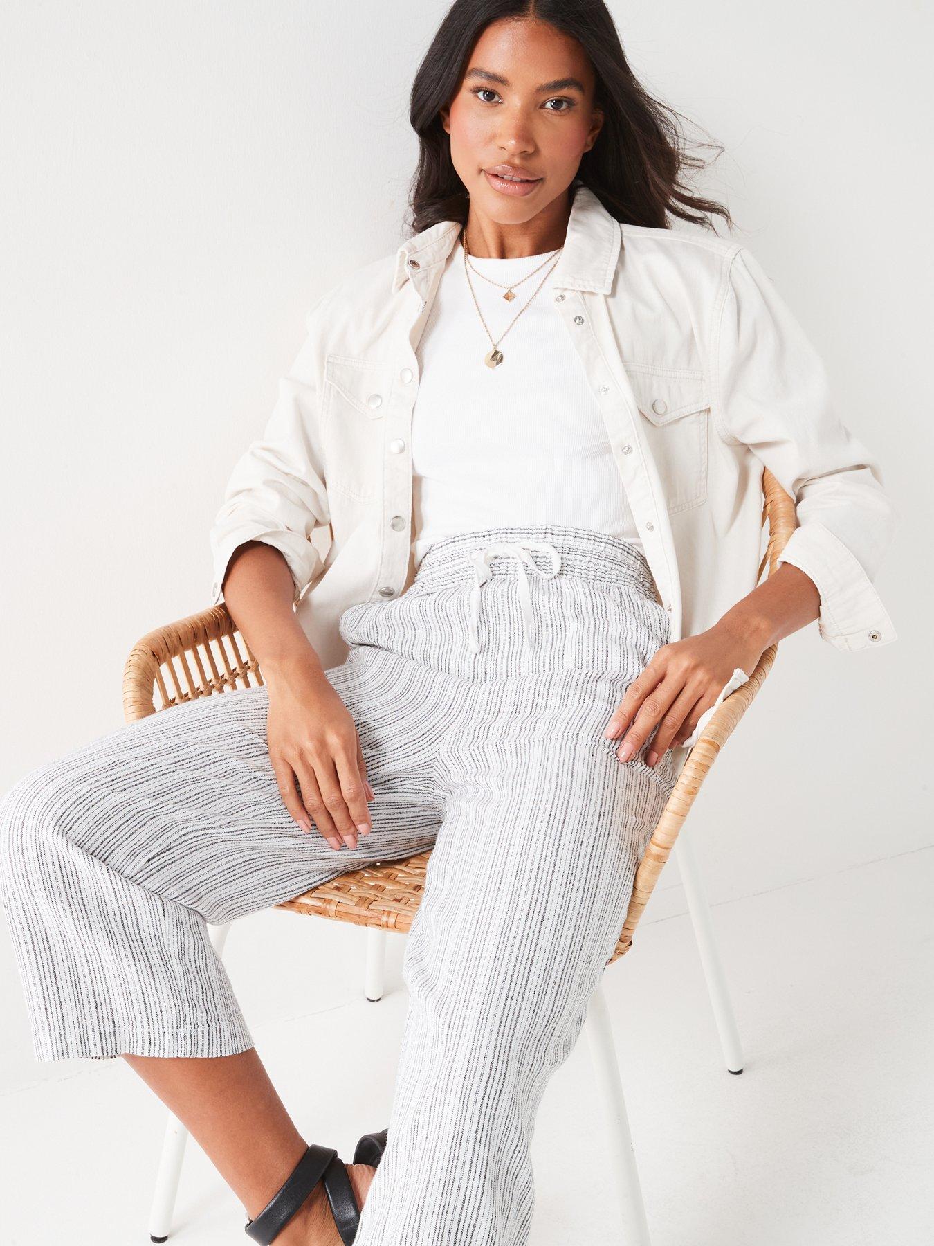 Cropped Linen Blend Stripe Trousers Black White