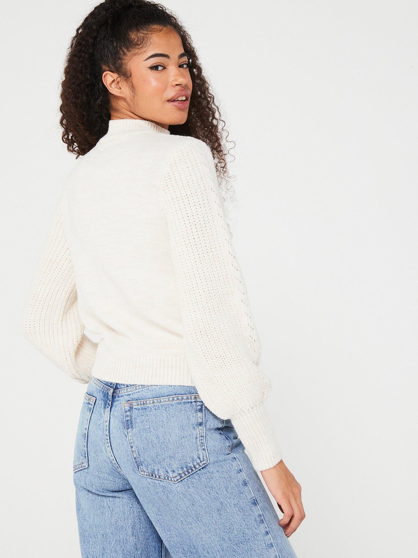 Love & Roses Pom Pom Shirred Cuff Jumper - Cream | very.co.uk