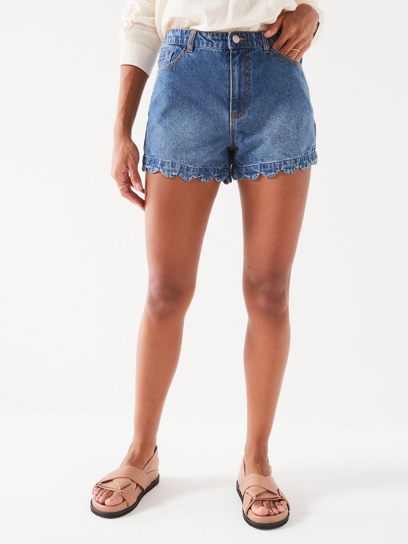 Scalloped Hem Denim Shorts Dark Wash