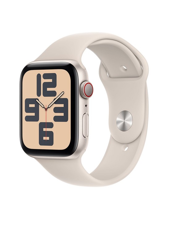 front image of apple-watch-se-gps-cellular-2023-44mm-starlight-aluminium-case-with-starlight-sport-band