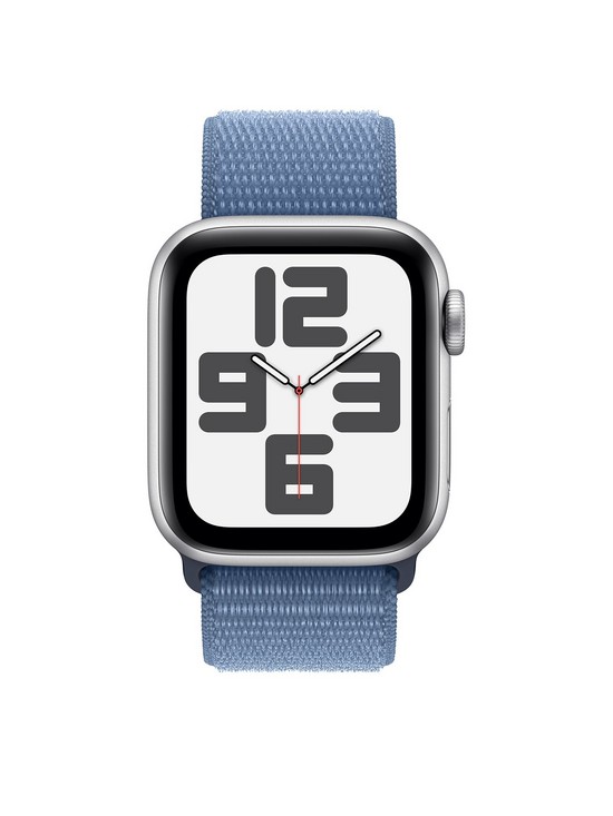 stillFront image of apple-watch-se-gps-2023-40mm-silver-aluminium-case-with-winter-blue-sport-loop