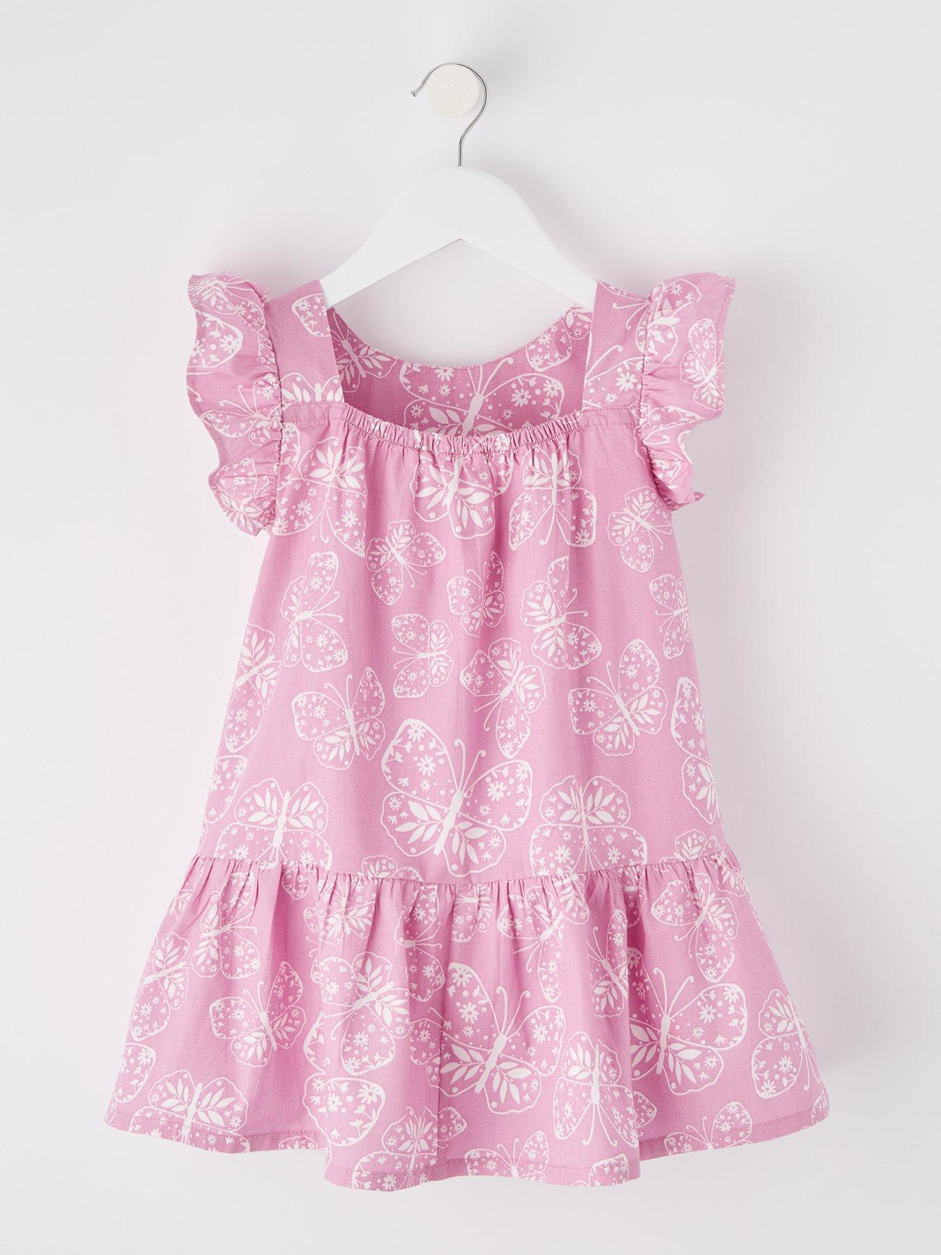 Mini V by Very Girls Butterfly Print Frill Sleeve Dress - Pink | Very.co.uk