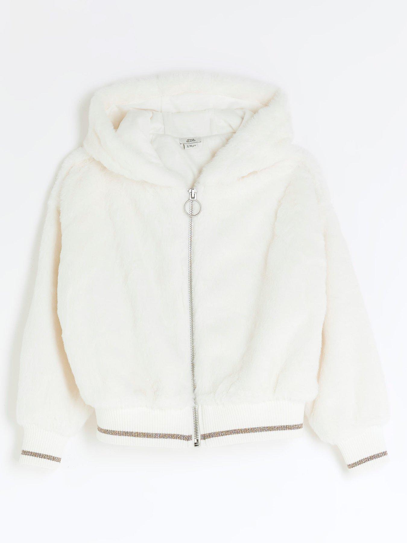 Girls Zip Through Faux Fur Hoodie - Cream