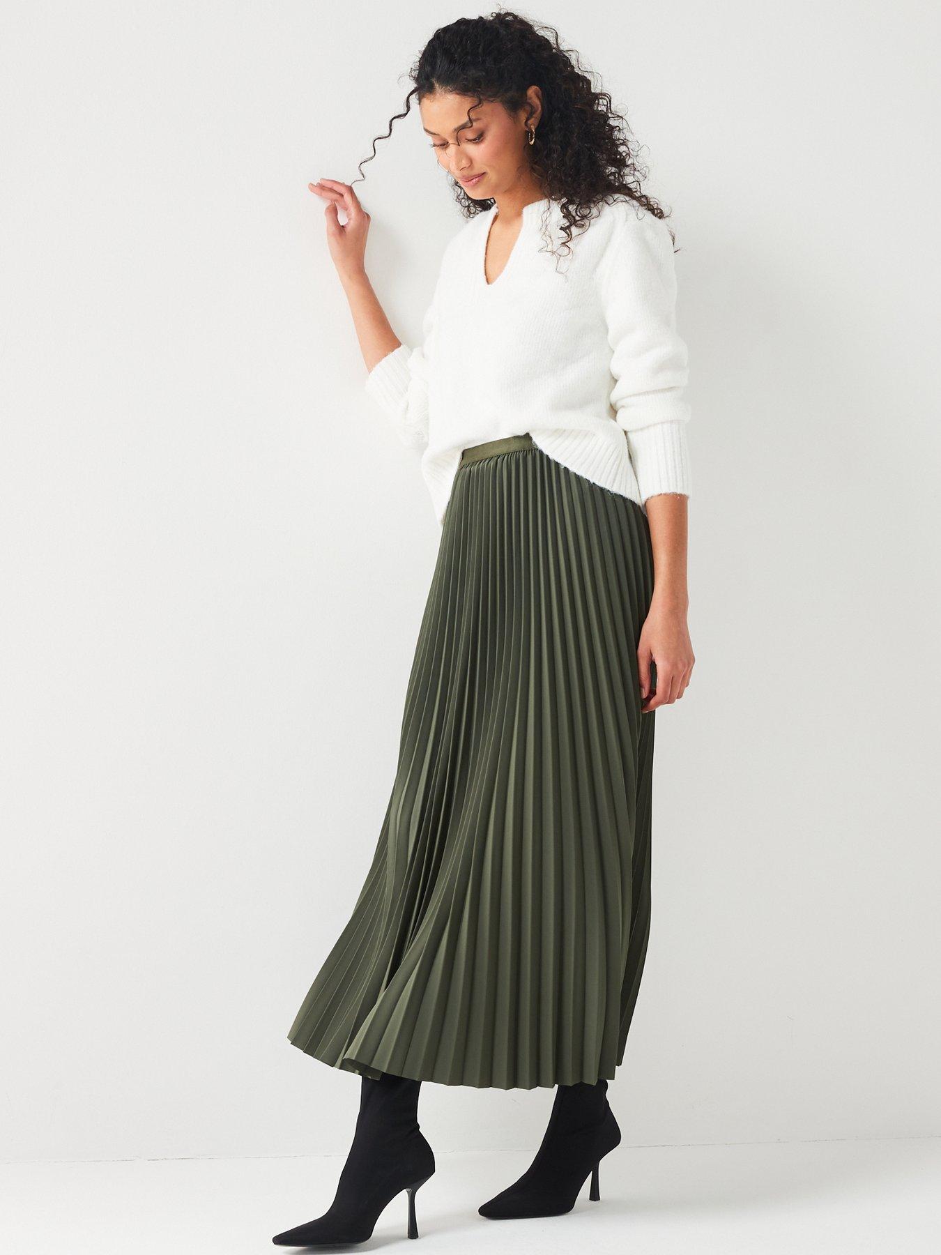 Pleated Satin Midi Skirt