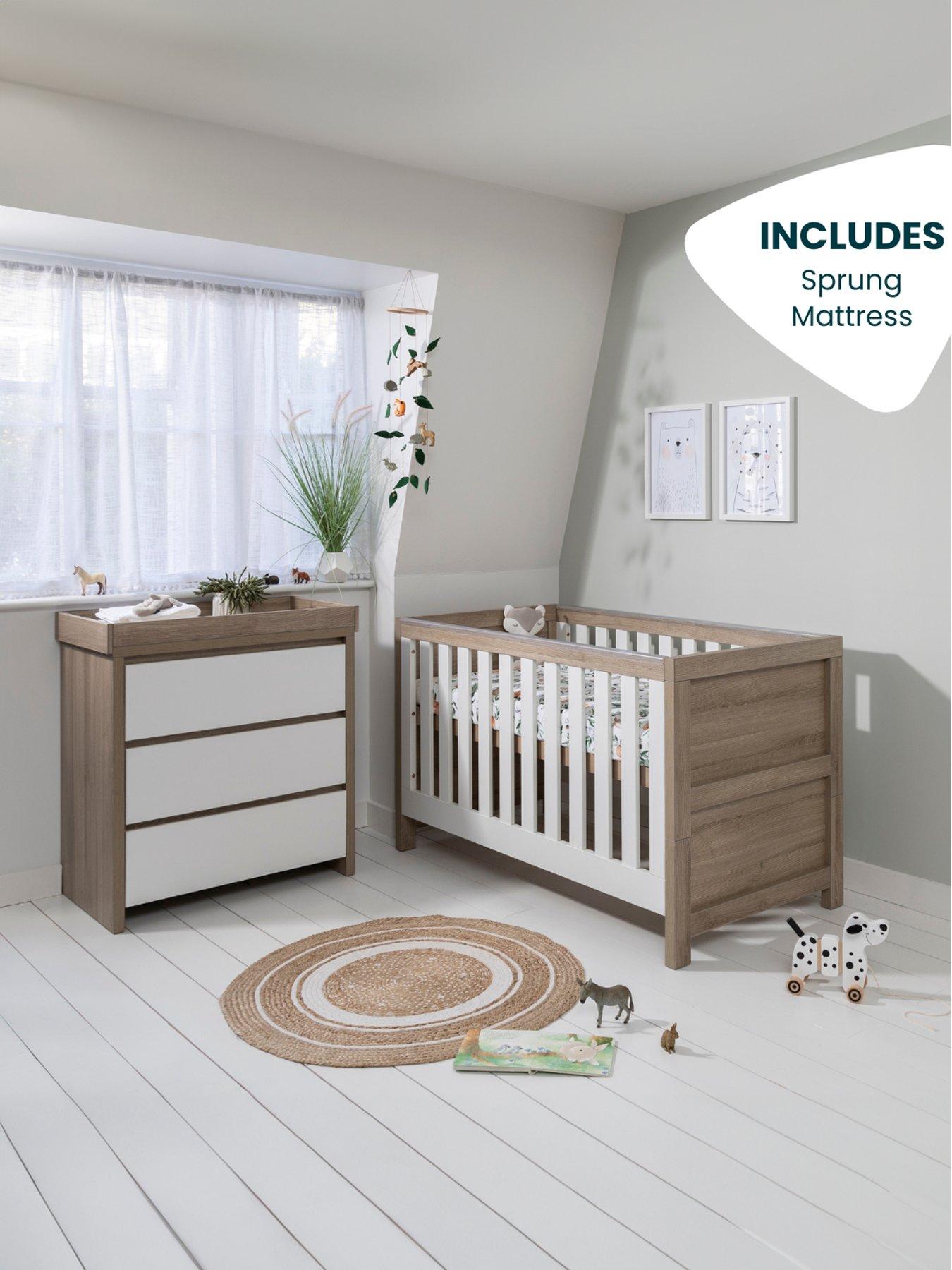 Tutti Bambini Modena 2 Piece Furniture Set - White/Oak (Cot Bed, Sprung Mattresss and Chest Changer)