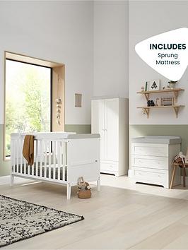 Product photograph of Tutti Bambini Rio 5 Piece Furniture Set- White Dove Grey Cot Bed Cot Top Changer Sprung Mattress Chest Changer Wardrobe from very.co.uk