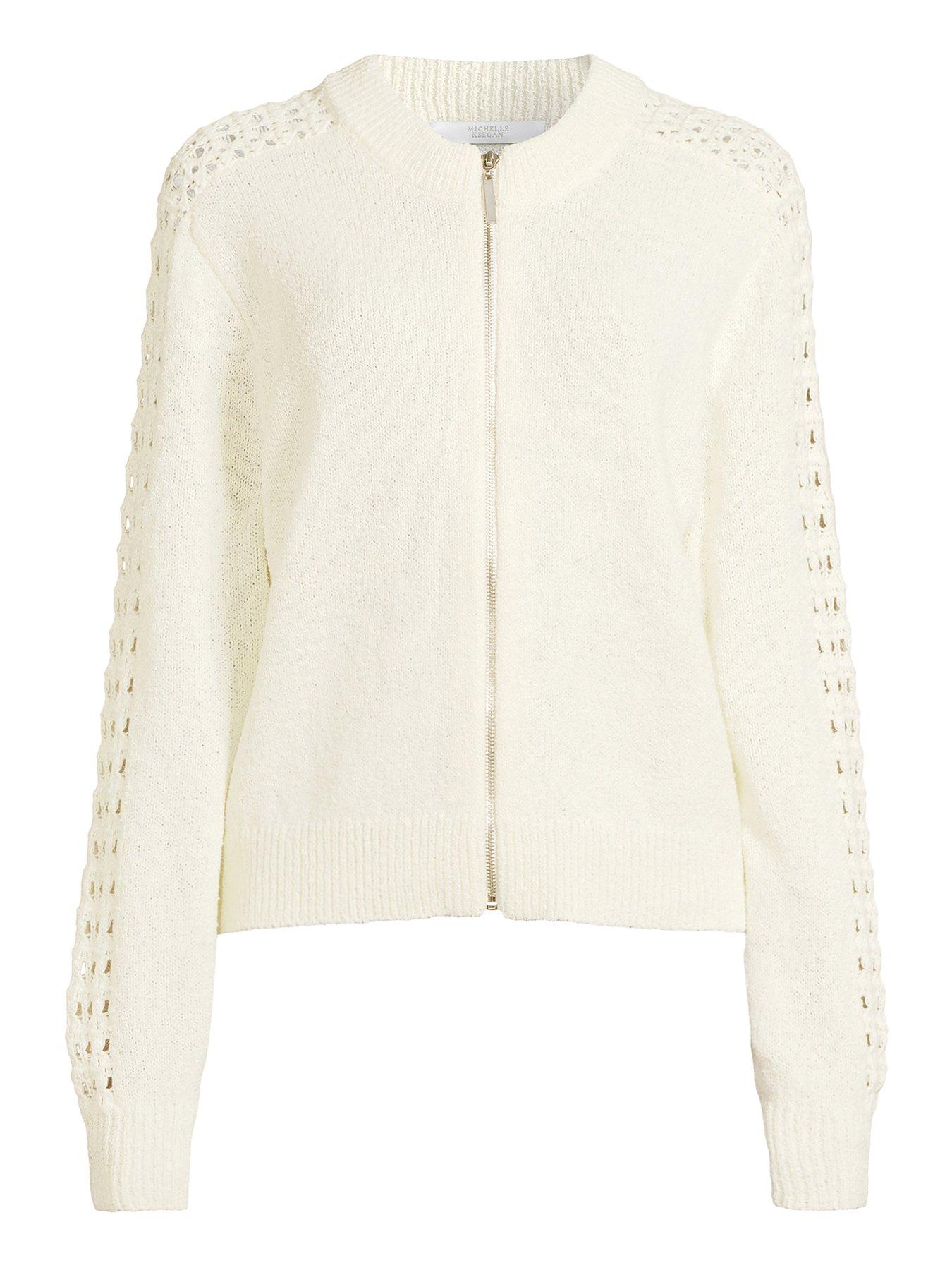 Michelle Keegan Crochet Sleeve Knitted Bomber Jacket - Cream | Very.co.uk