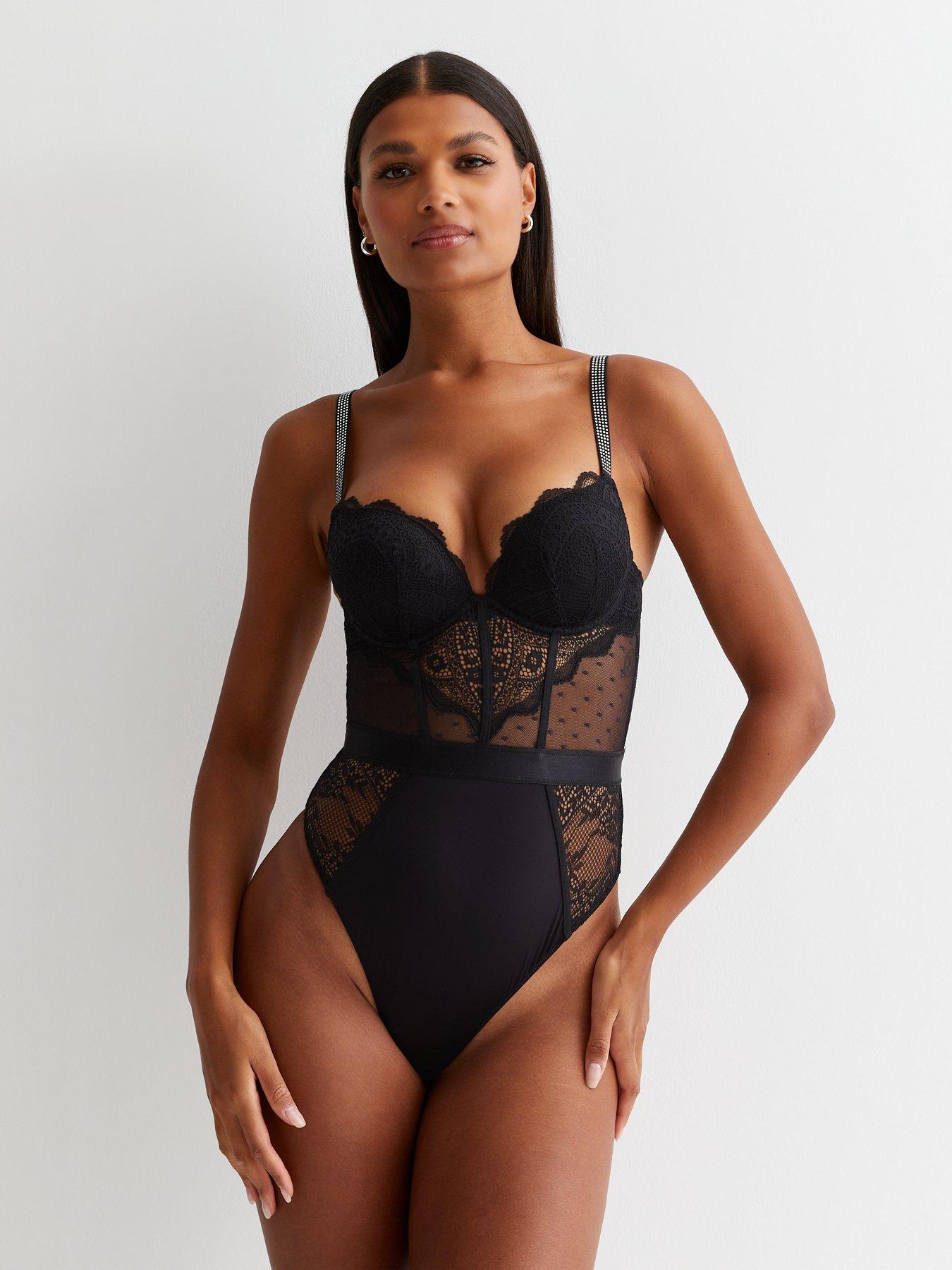 Black Lace Diamante Detail Push Up Bodysuit