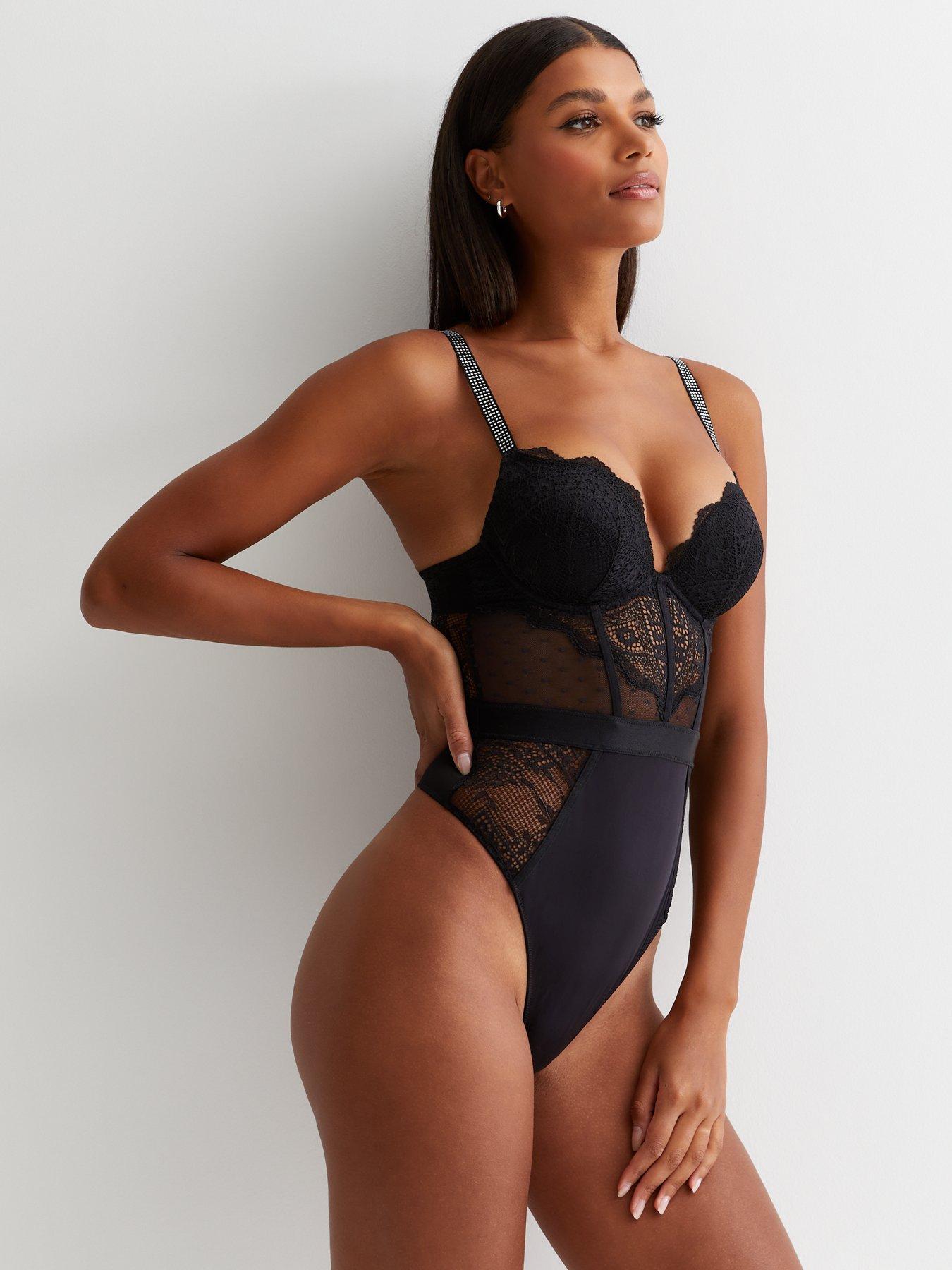 New Look Black Lace Diamante Detail Push Up Bodysuit