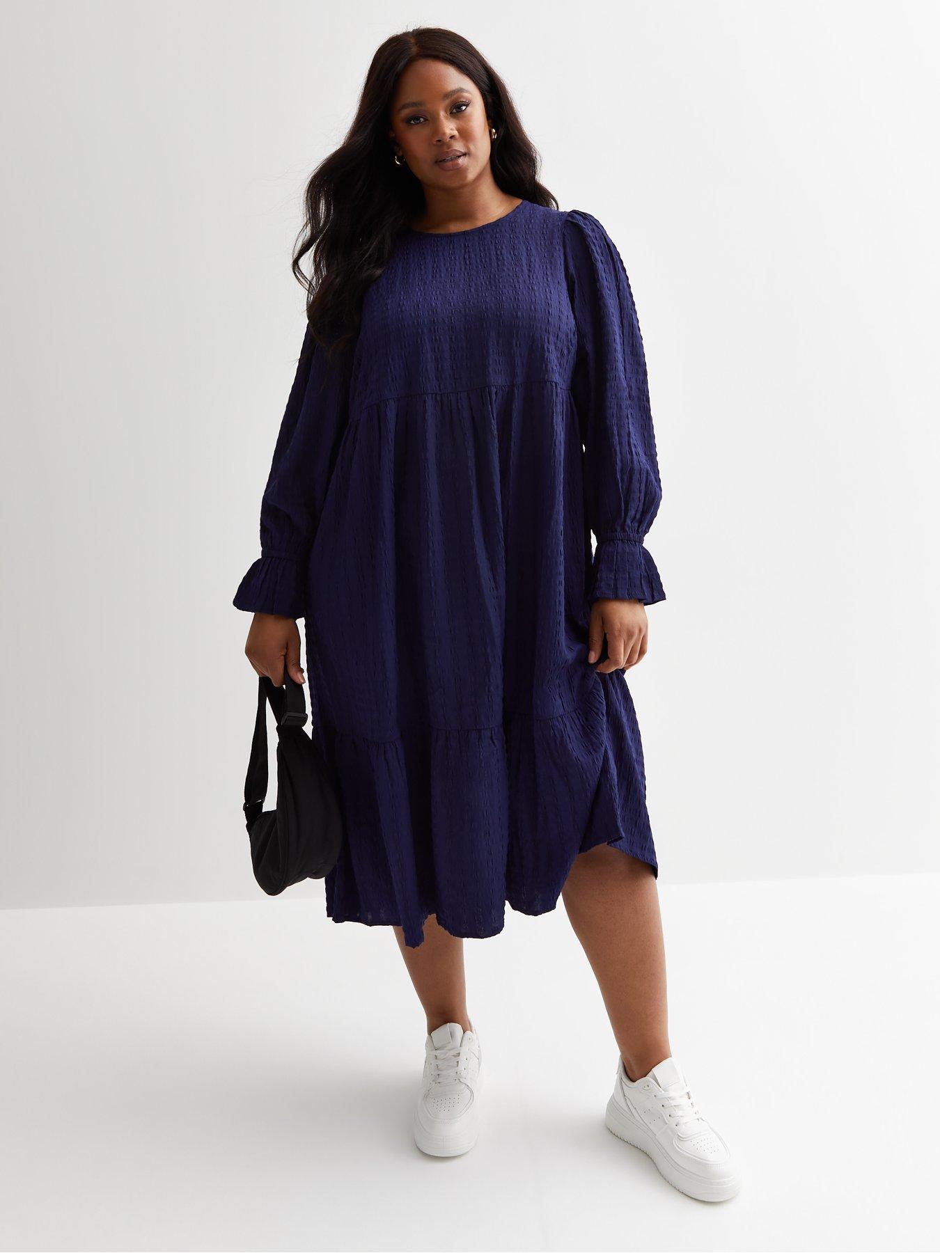 New Look Curves Navy Textured Puff Sleeve Midaxi Dress | Very.co.uk