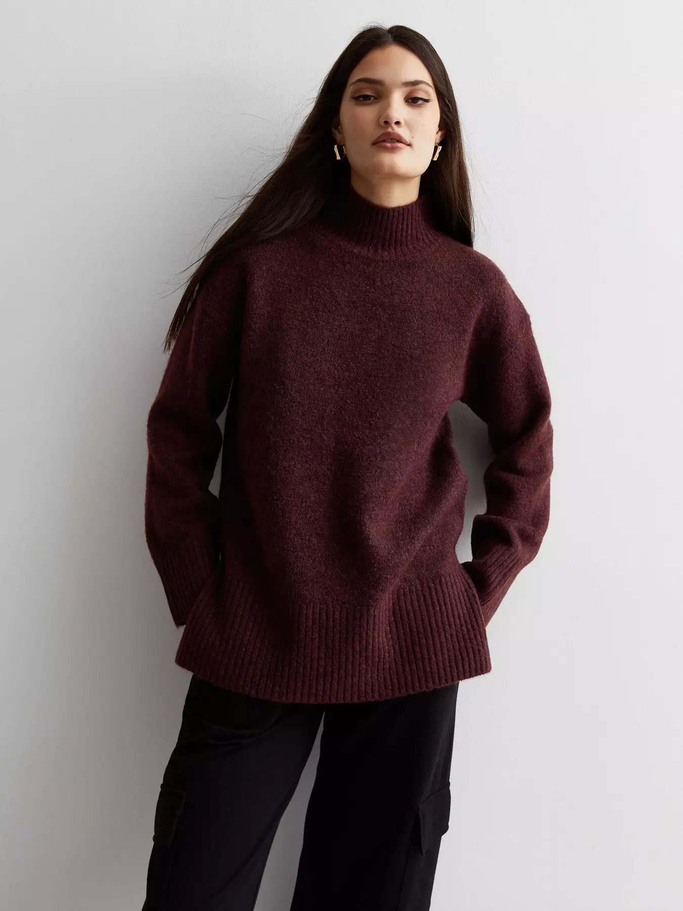 New Look Waffle Knit Sweater In Burgundy Marl