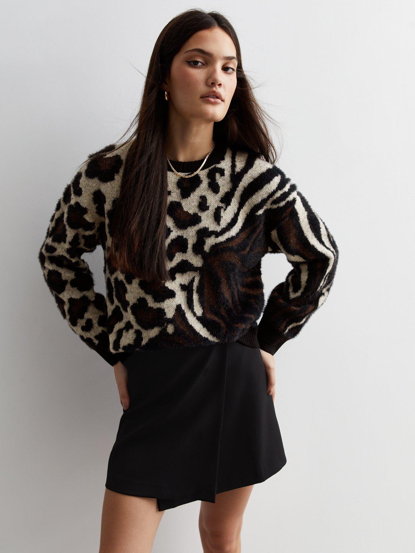 New Look Brown Fluffy Animal print Patchwork Jumper | Very.co.uk