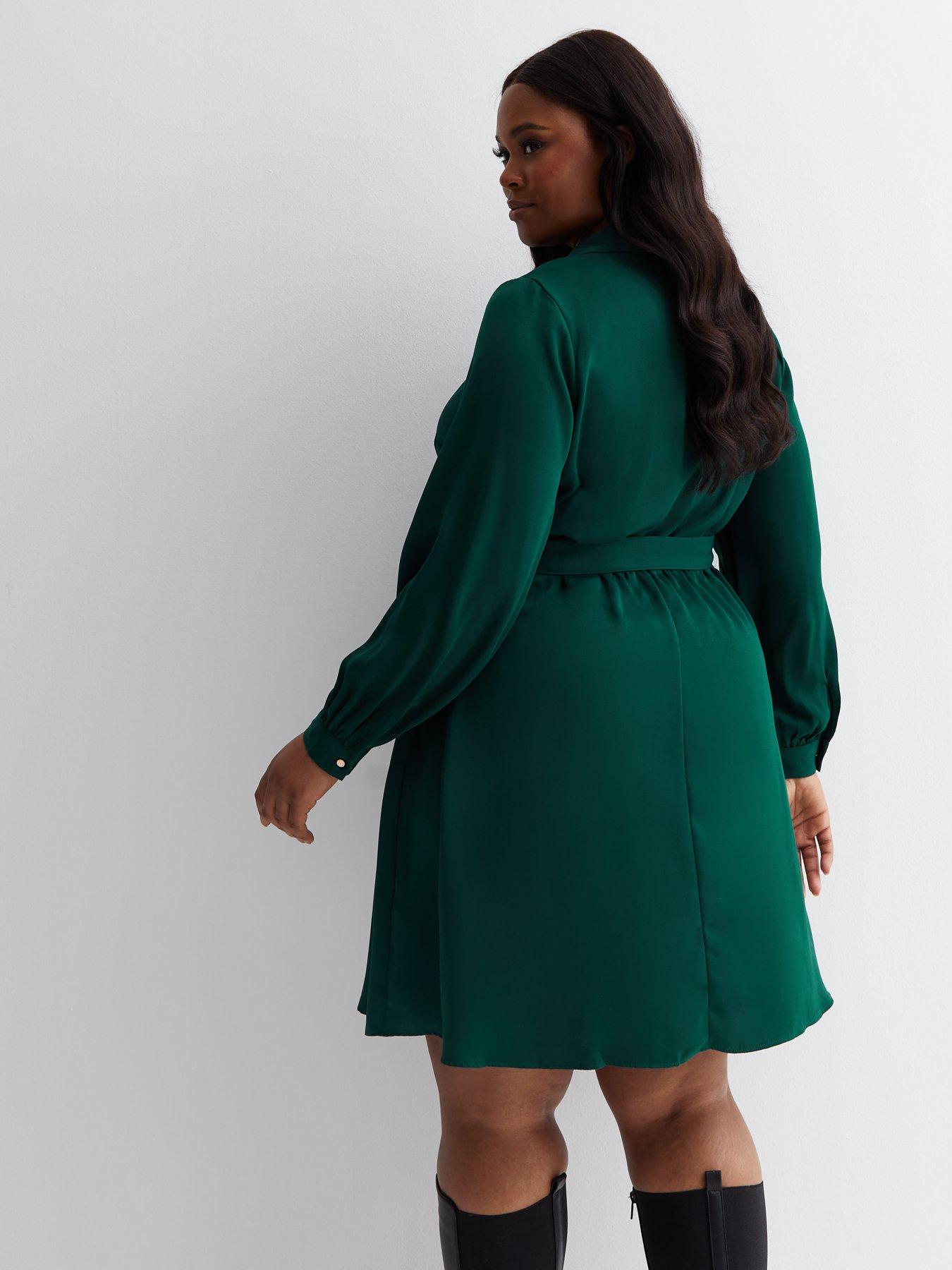 New Look Curves Belted Mini Shirt Dress Dark Green Very