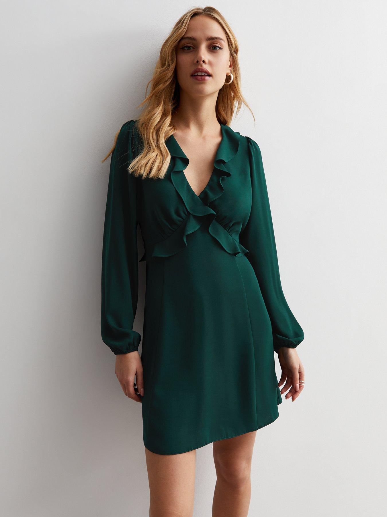 Dark Green Lace High Neck Mini Tunic Dress