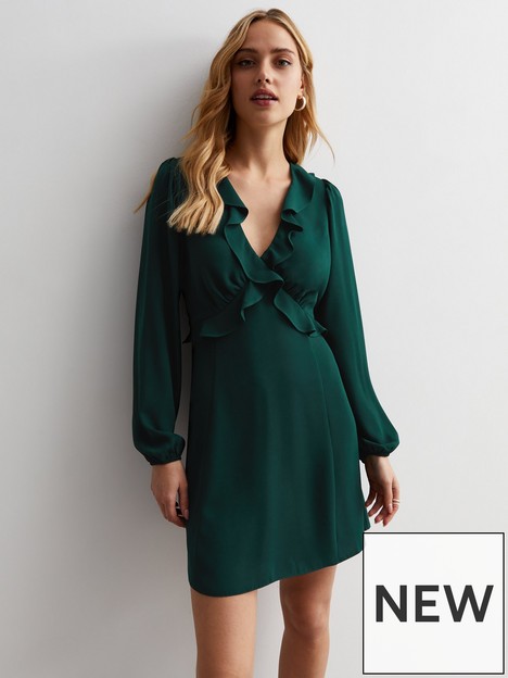new-look-dark-green-frill-mini-tea-dress