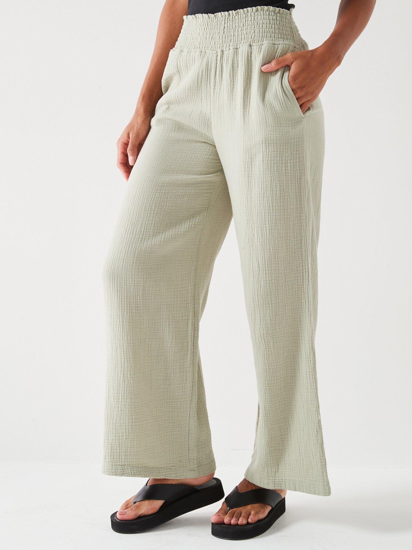 Crinkle Cotton Wide Leg Trousers Khaki