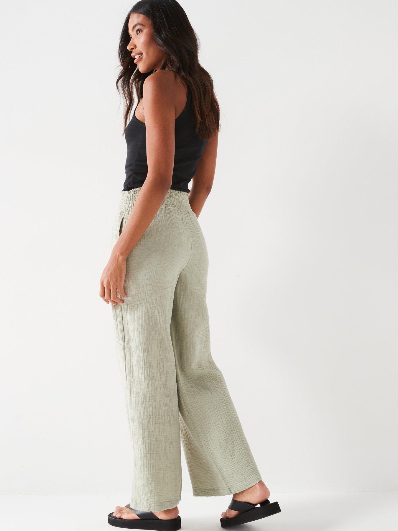 Everyday Crinkle Cotton Wide Leg Trousers - Khaki | Very.co.uk