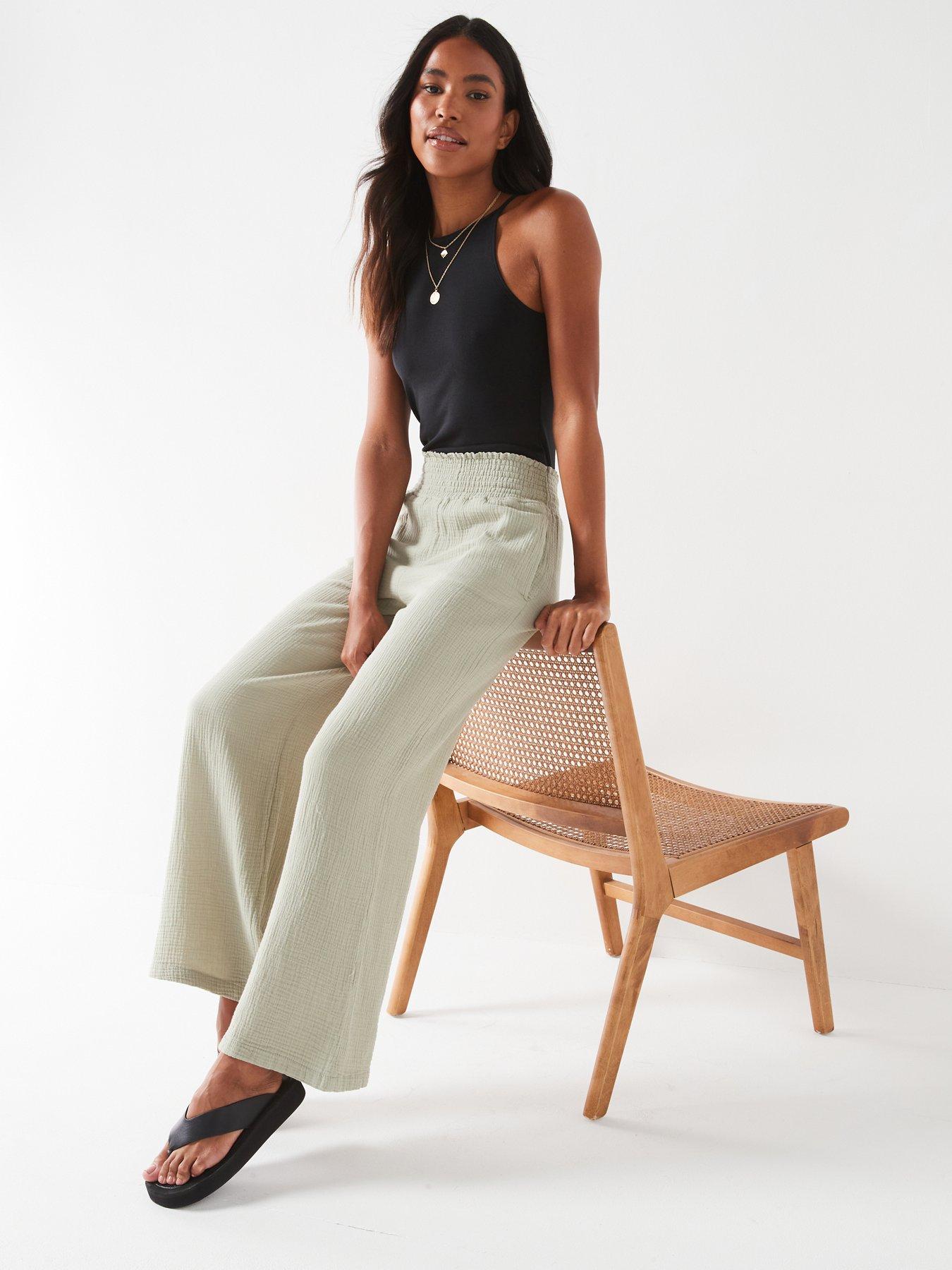 Crinkle Cotton Wide Leg Trousers Khaki