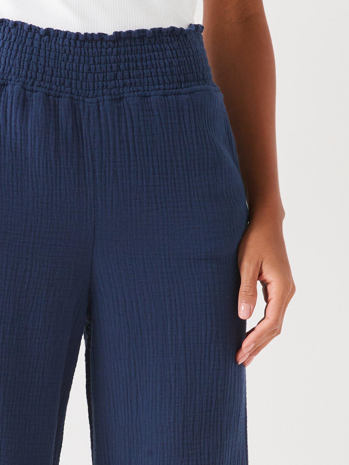 Everyday Crinkle Cotton Wide Leg Trousers - Navy | Very.co.uk