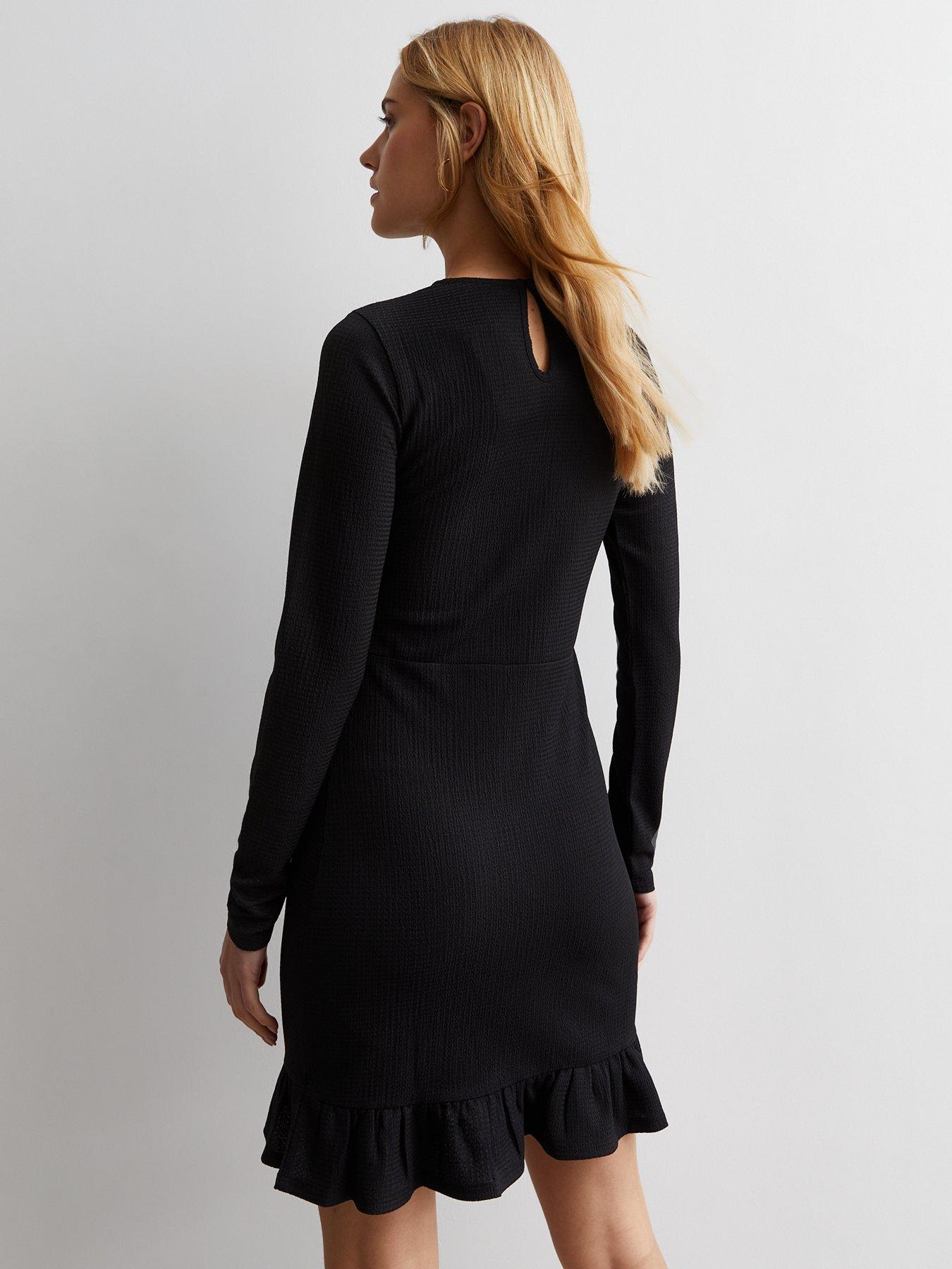 New Look Black Crinkle Jersey Long Sleeve Frill Hem Mini Dress | Very.co.uk