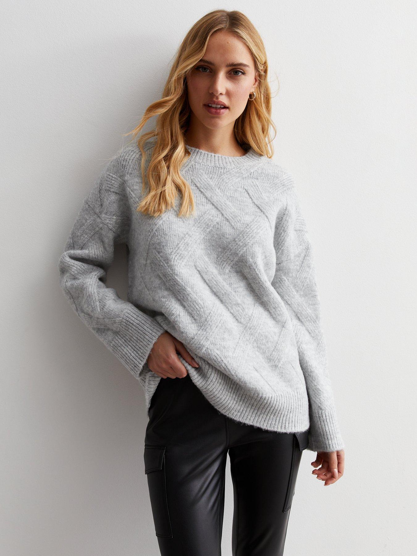 New Look Pale Grey Diagonal Stitch Knit Crew Neck Jumper | Very.co.uk