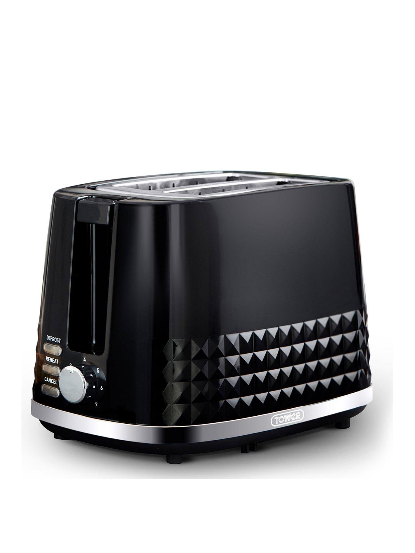 Image of Tower T20082BLK Solitaire 2-Slice Toaster 850W - Black with Chrome Accents