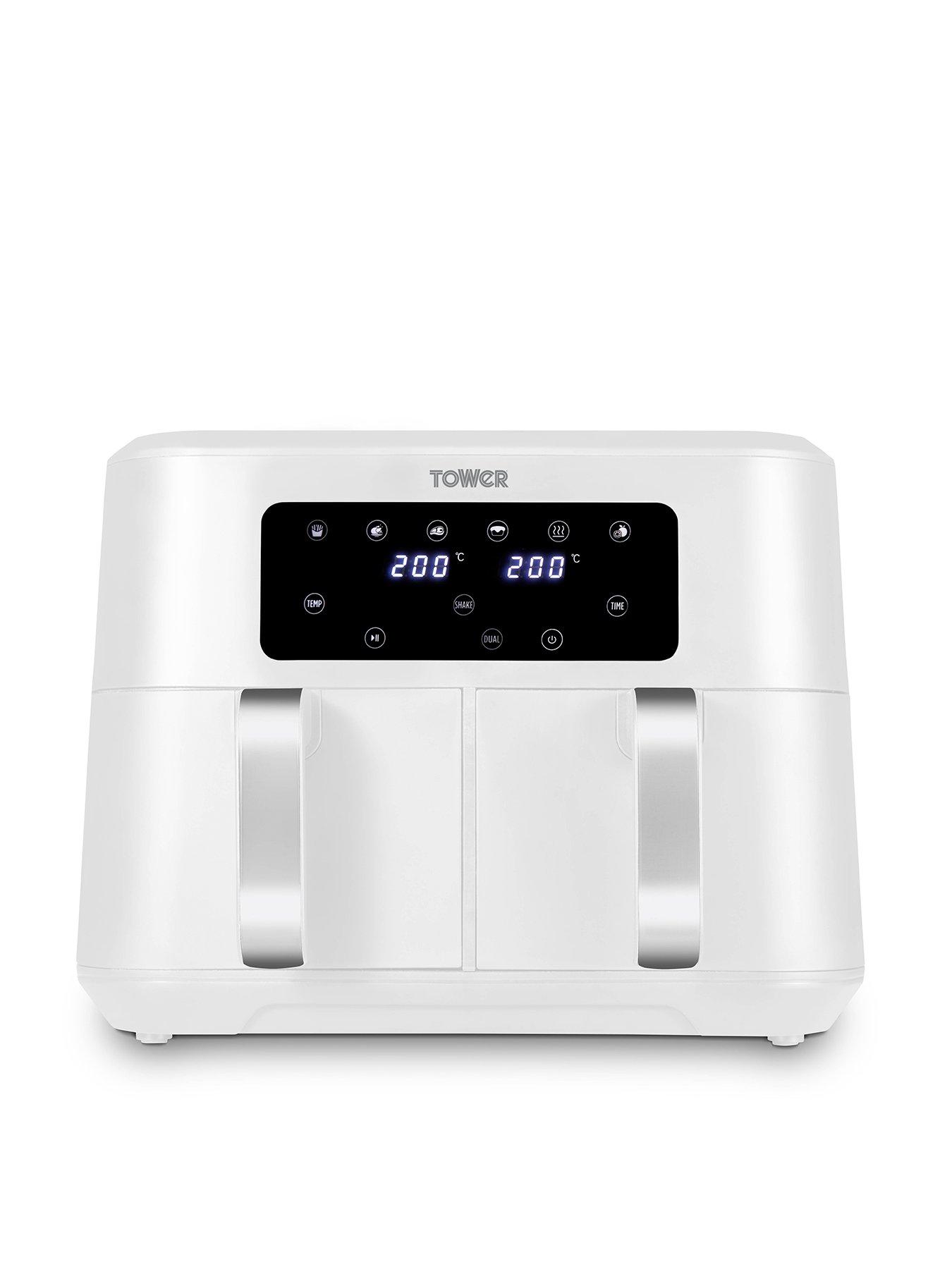 Image of Tower T17137WHT Vortx Dual Basket Air Fryer with Two 4.25L Baskets, 2400W, White  &  Chrome