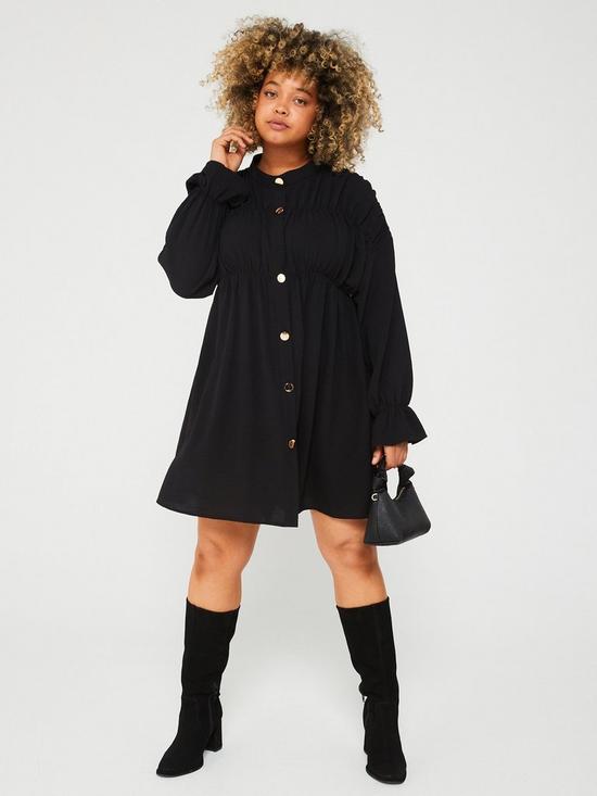 front image of ax-paris-curve-black-long-sleeve-gathered-detail-button-front-dress