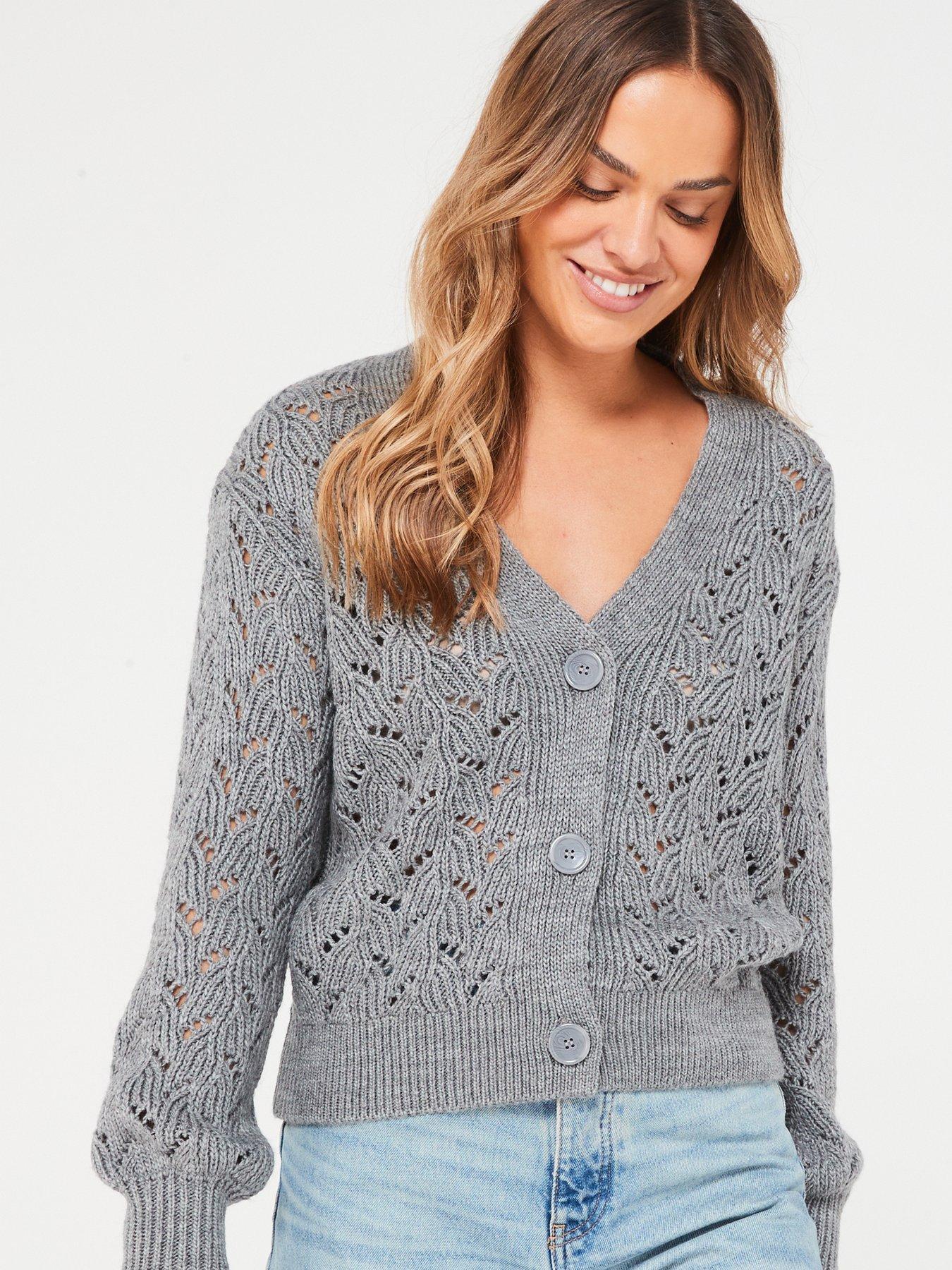 V by Very Pointelle Long Sleeve Cardigan - Grey | Very.co.uk