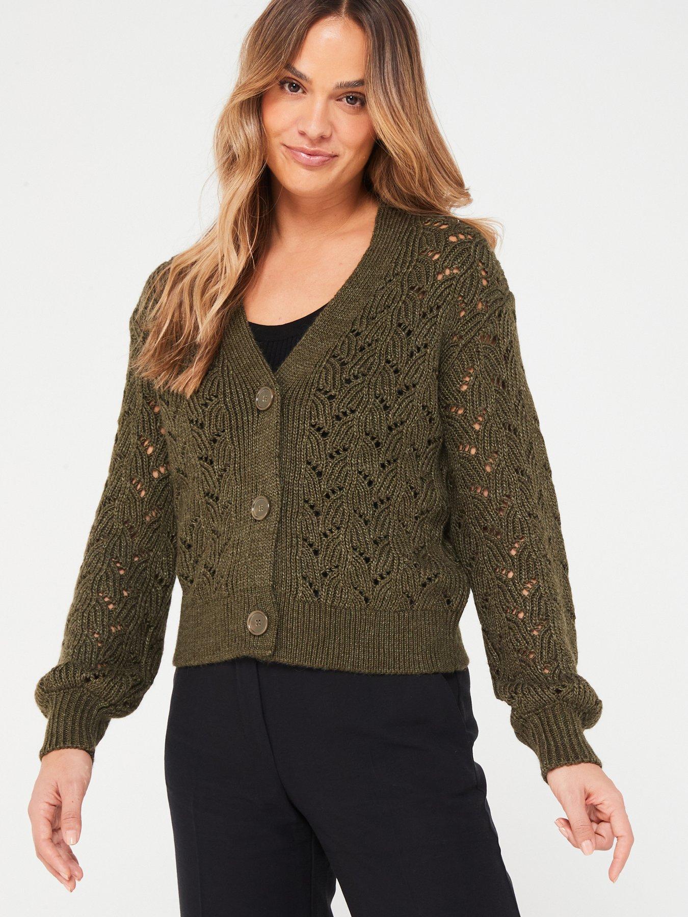 Pointelle Long Sleeve Cardigan - Khaki