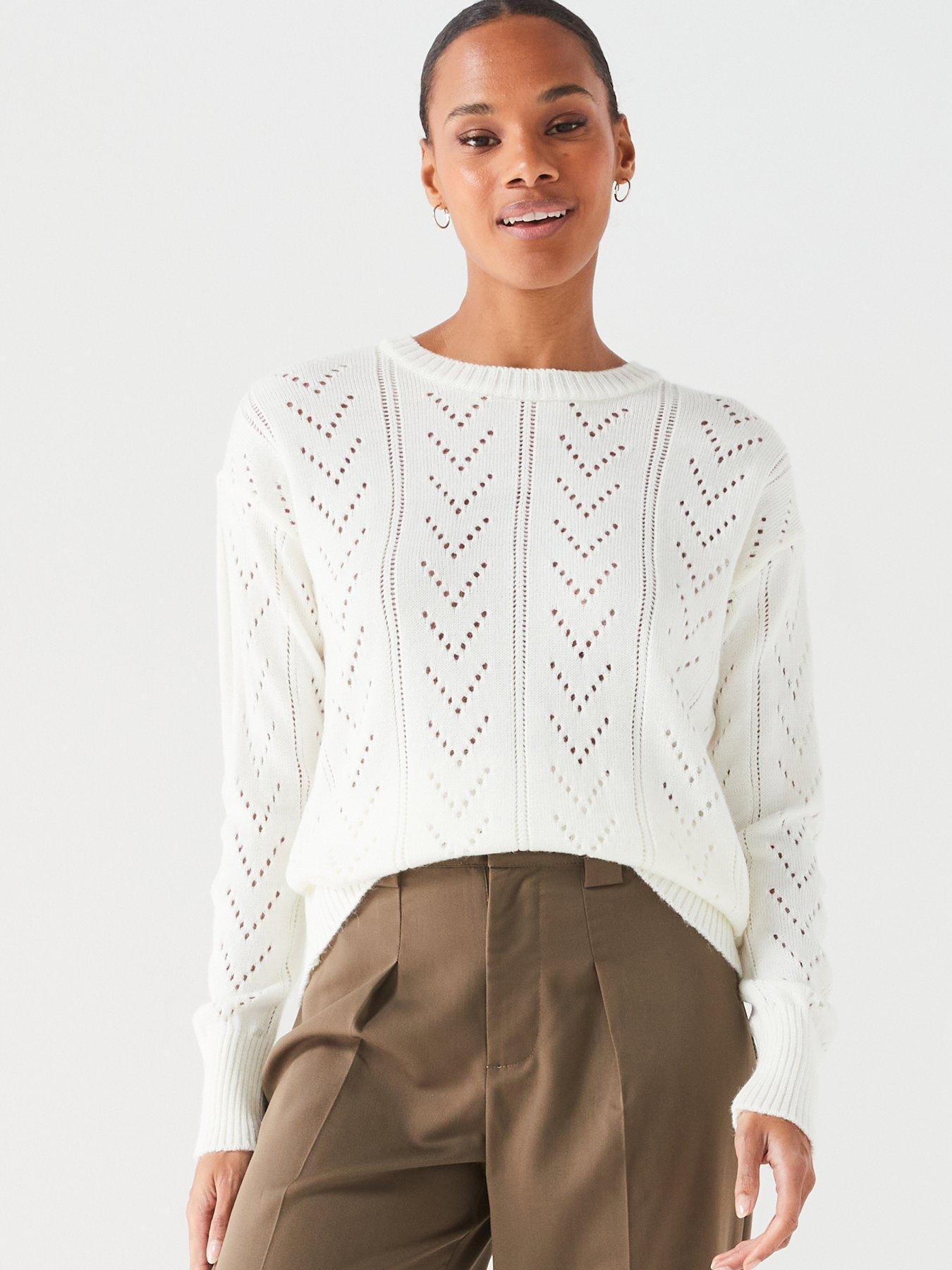 Beige Pointelle Top - Knit Balloon Sleeve Top - Long Sleeve Top