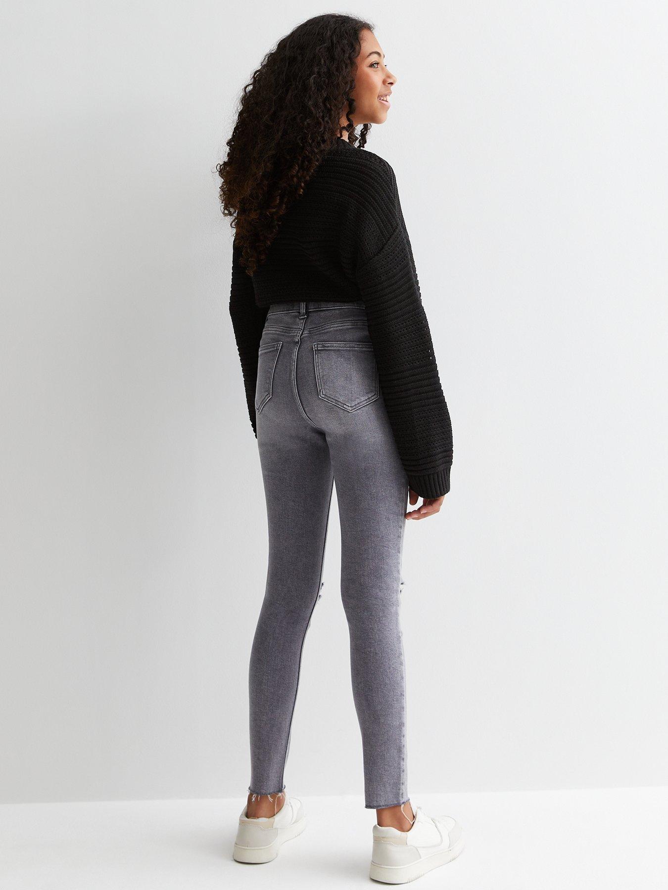 New Look 915 Girls High Waist Ripped Knee Hallie Super Skinny Jeans Dark Grey