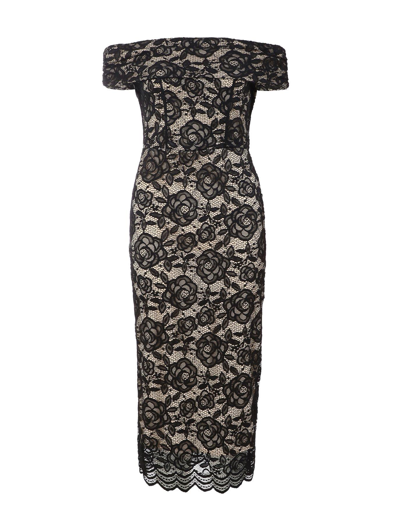 Quiz Black Contrast Lace Bardot Midi Dress | Very