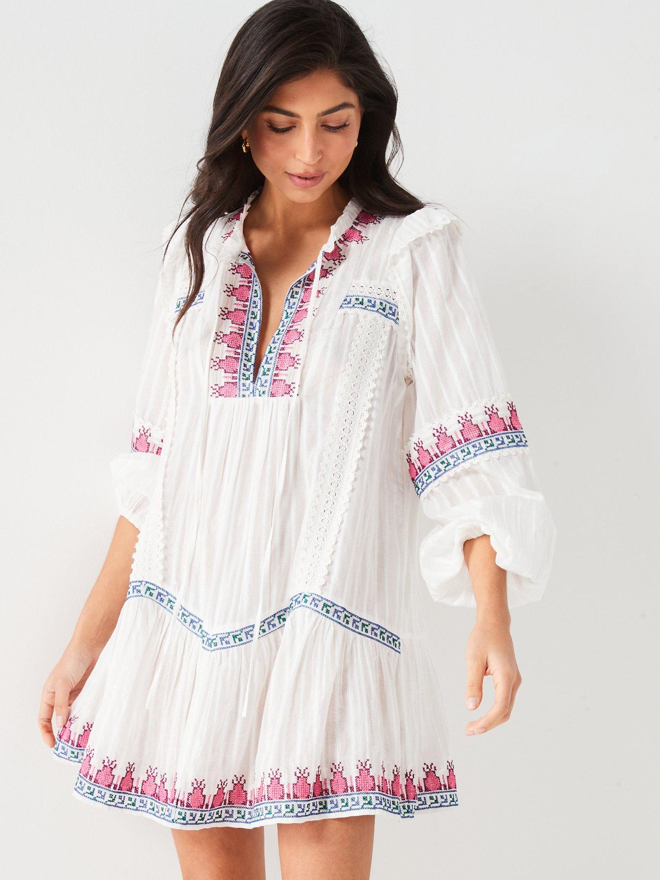 V by Very Embroidered Long Sleeve Drop Hem Beach Dress - Cream | Very.co.uk