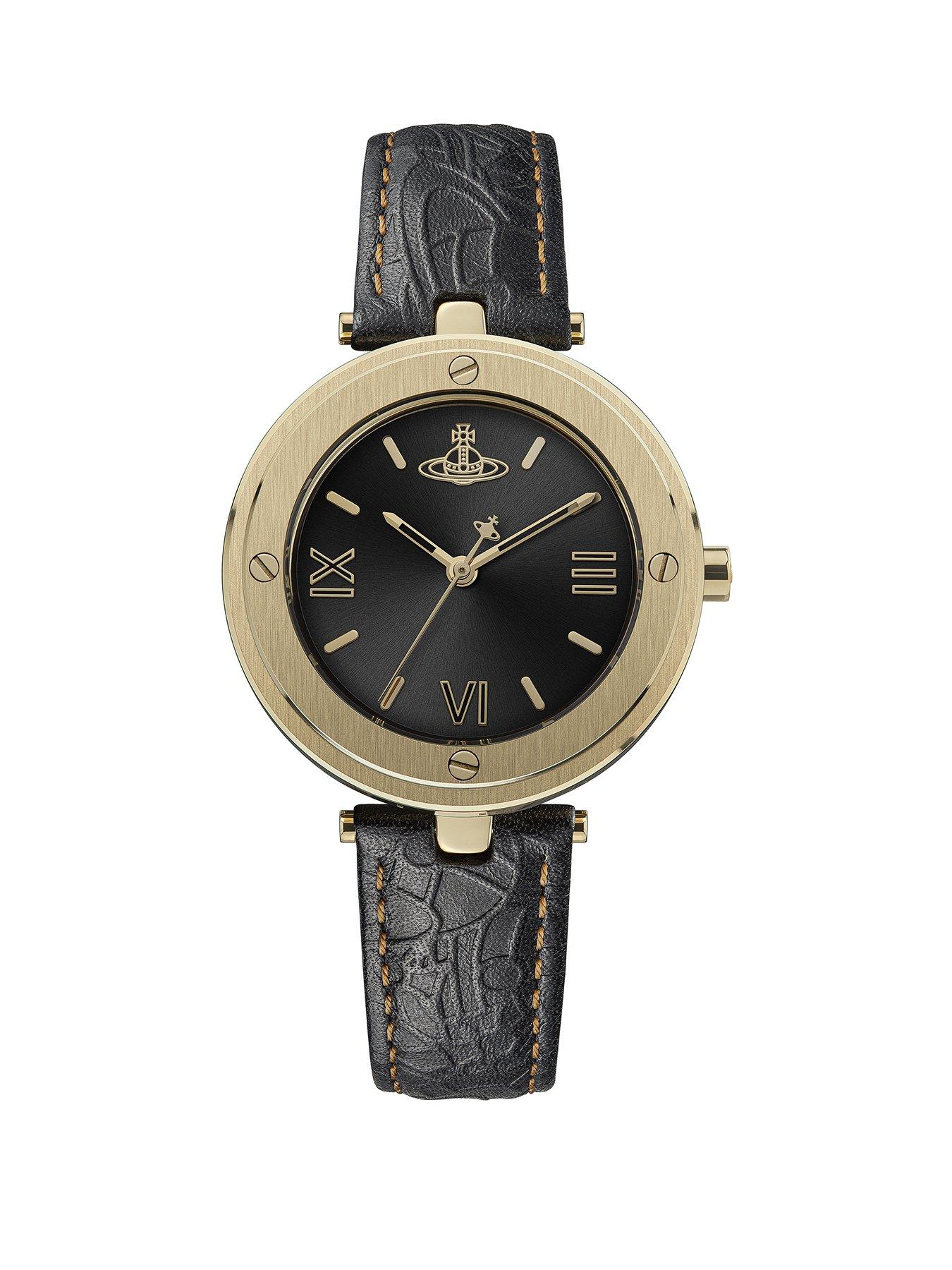 Product photograph of Vivienne Westwood Whitehall Ladies Quartz Watch With Black Dial Amp Black Leather Strap from very.co.uk