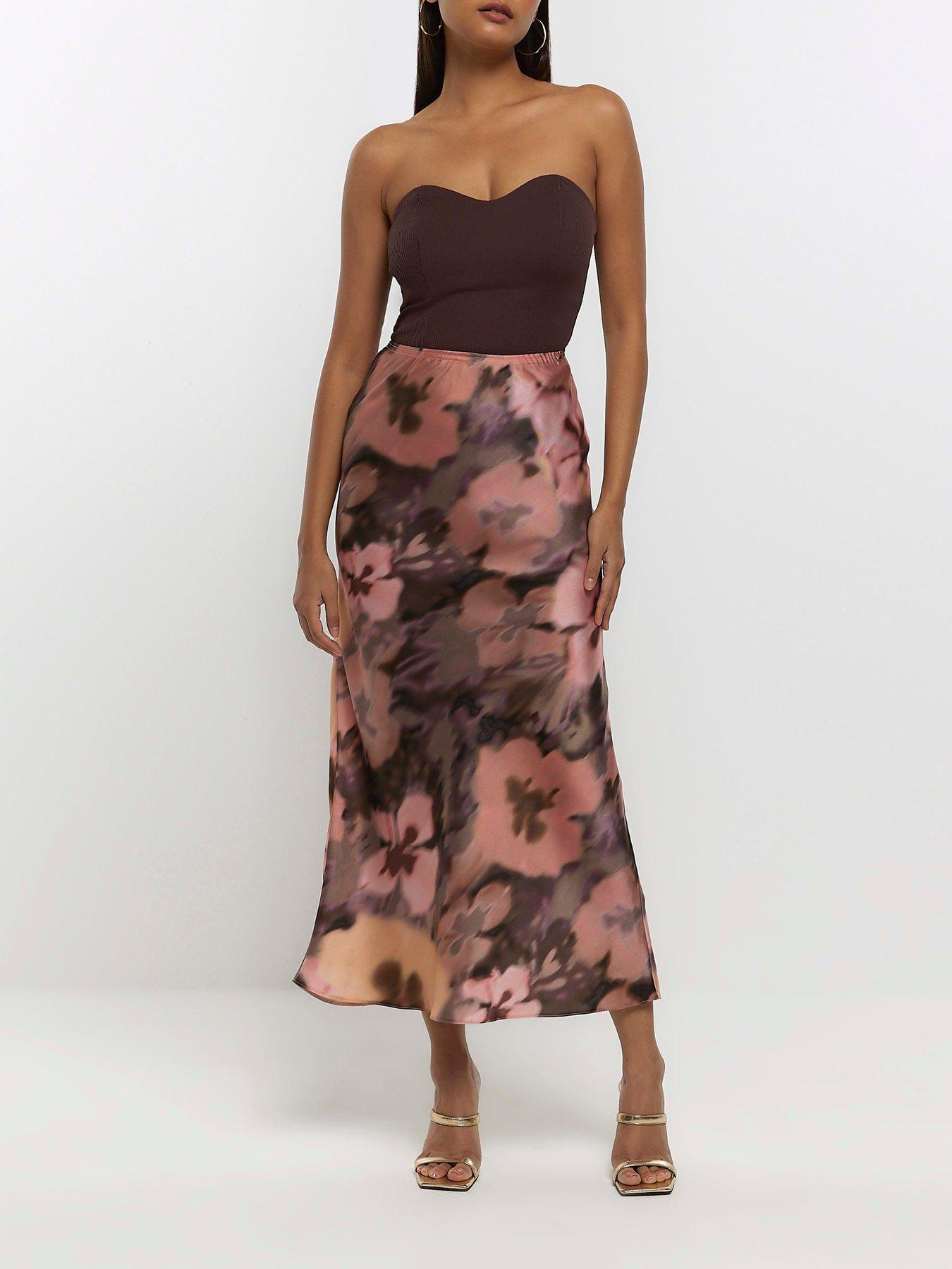 River Island Floral Bias Cut Satin Skirt Brown very