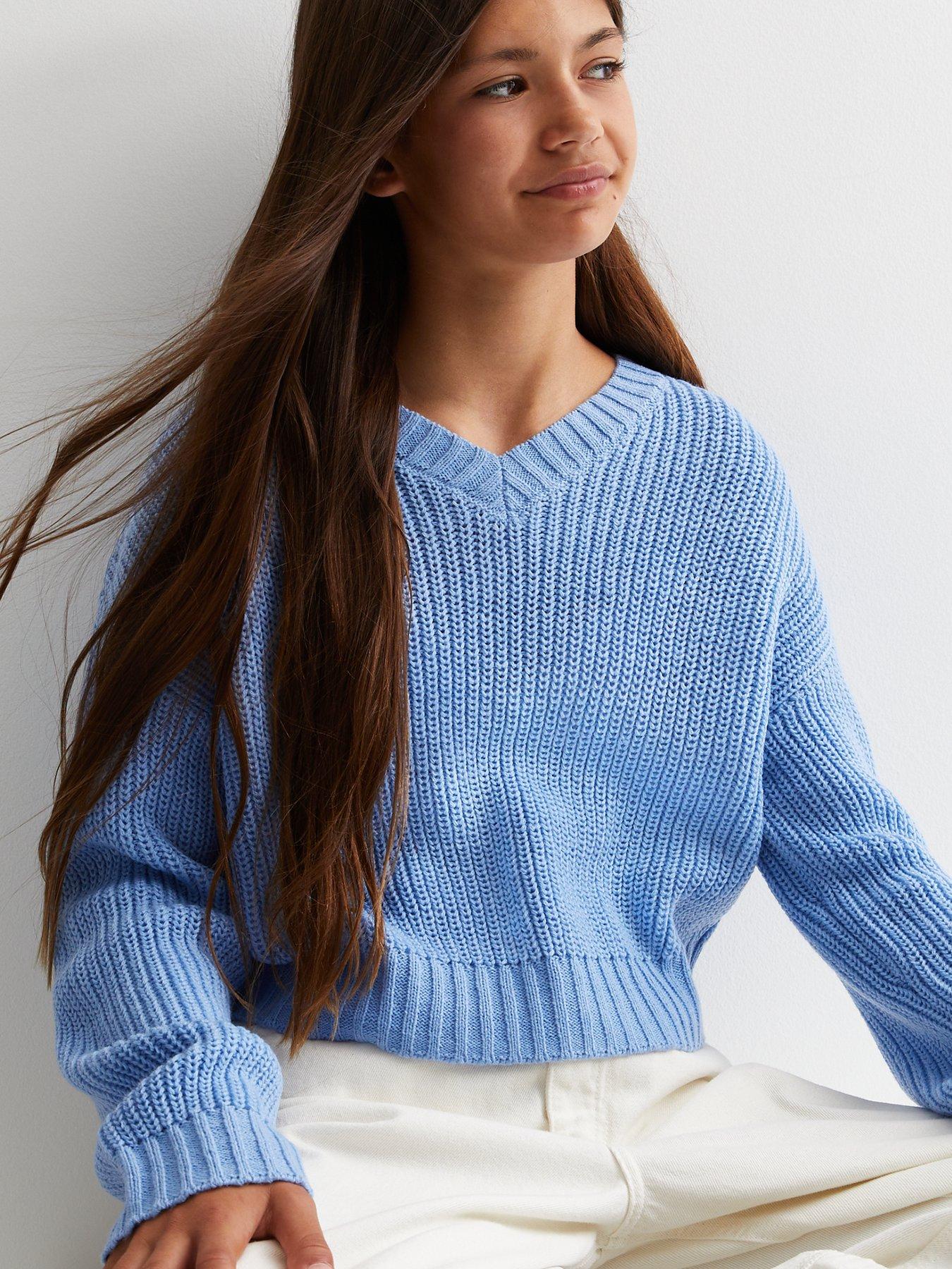 Girls Bright Blue Knit V Neck Crop Jumper