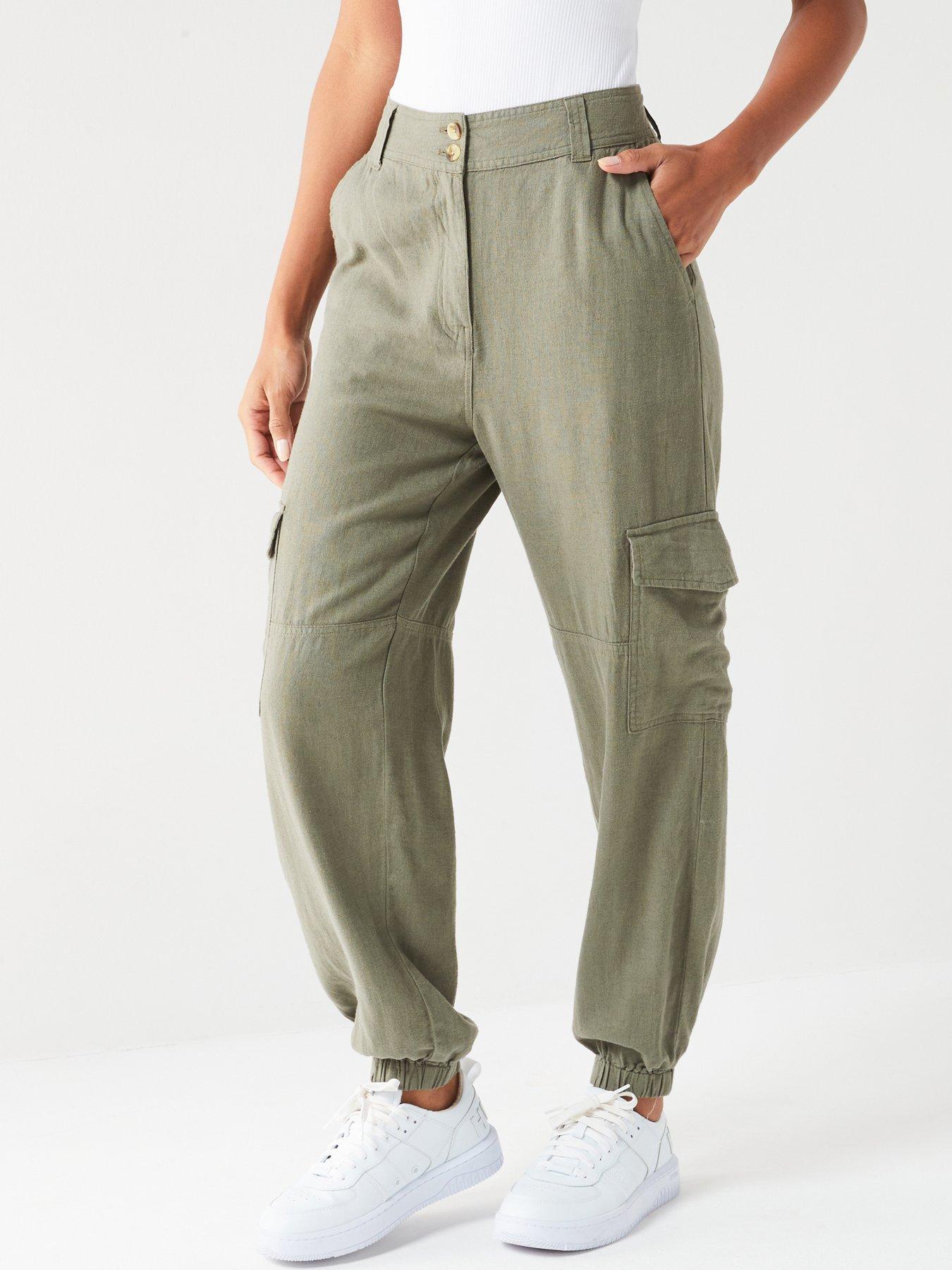 Khaki Green Linen Blend Cargo Trousers