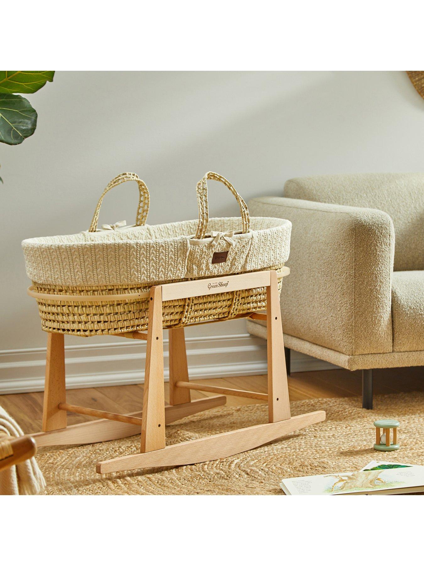 Product photograph of The Little Green Sheep Natural Knitted Moses Basket Amp Rocking Stand - Linen from very.co.uk