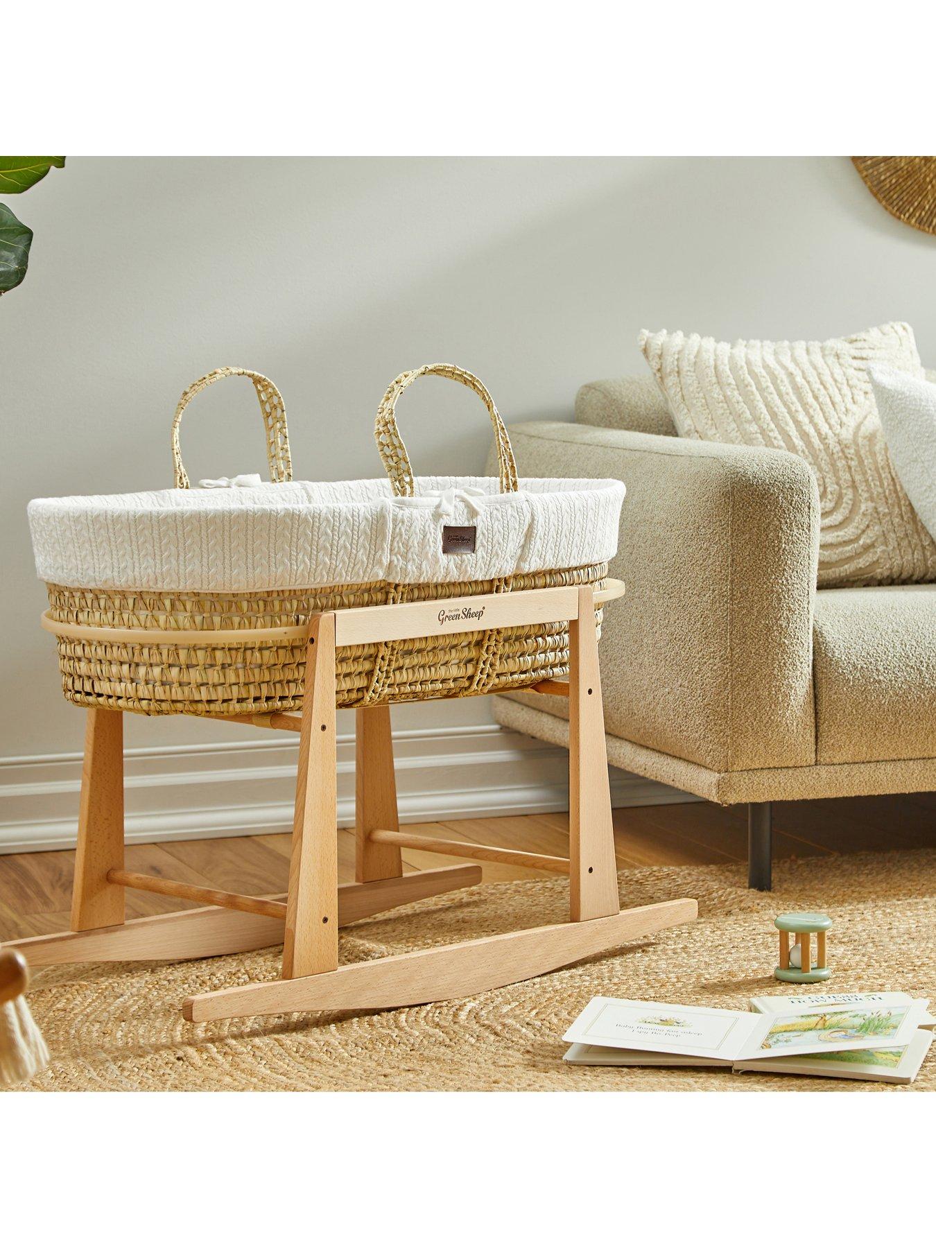 Product photograph of The Little Green Sheep Natural Knitted Moses Basket Amp Rocking Stand - White from very.co.uk