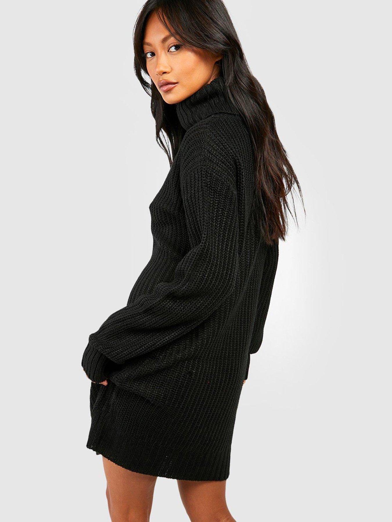 Grey Roll Neck Rib Knitted Jumper Dress