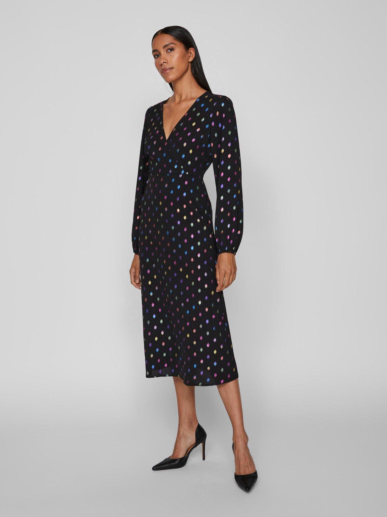 undefined Ella V-Neck Foil Wrap Midi Dress - Black